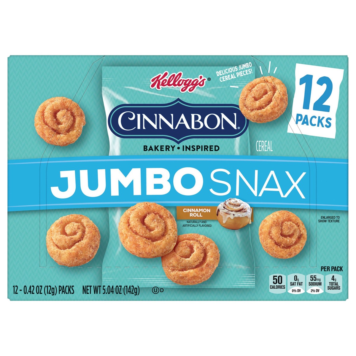 slide 1 of 7, Kellogg's Jumbo Snax Cinnabon Cereal Snacks, Bakery Inspired, Cinnamon Roll, 5.04oz Box, 12 Bags, 5.04 oz