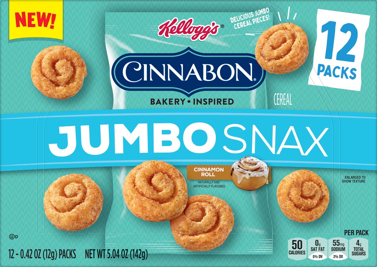 slide 5 of 7, Kellogg's Jumbo Snax Cinnabon Cereal Snacks, Bakery Inspired, Cinnamon Roll, 5.04oz Box, 12 Bags, 5.04 oz