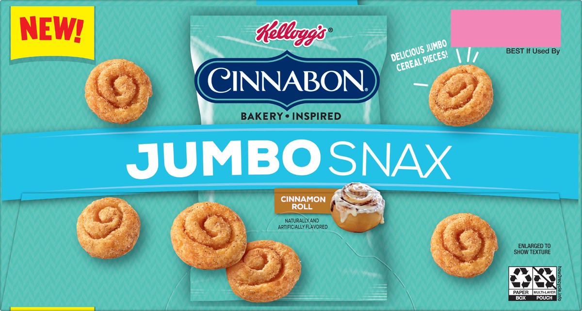 slide 7 of 7, Kellogg's Jumbo Snax Cinnabon Cereal Snacks, Bakery Inspired, Cinnamon Roll, 5.04oz Box, 12 Bags, 5.04 oz