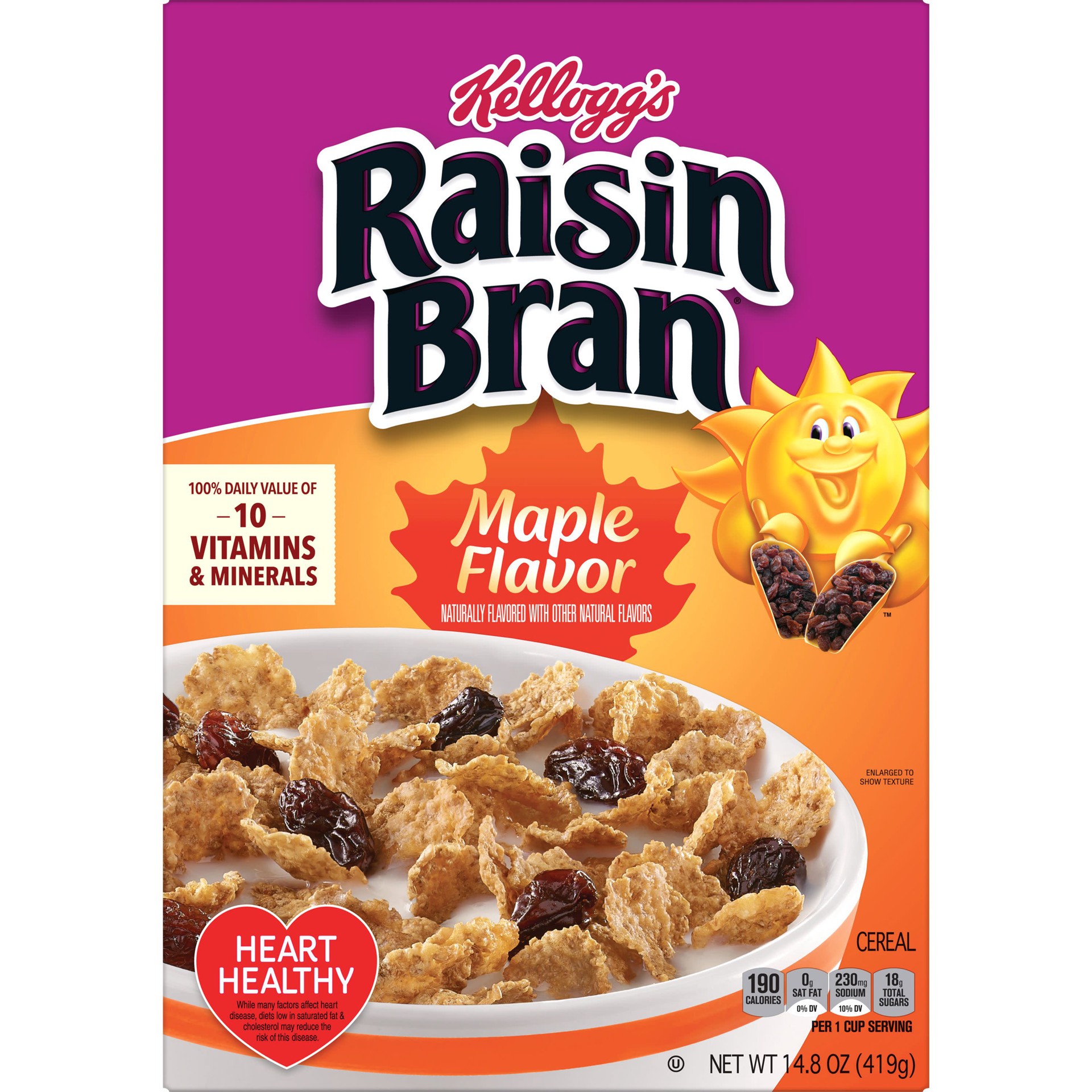slide 4 of 5, Raisin Bran Kellogg's Raisin Bran Breakfast Cereal, Fiber Cereal, Family Breakfast, Maple Flavor, 14.8oz Box (1 Box), 14.8 oz