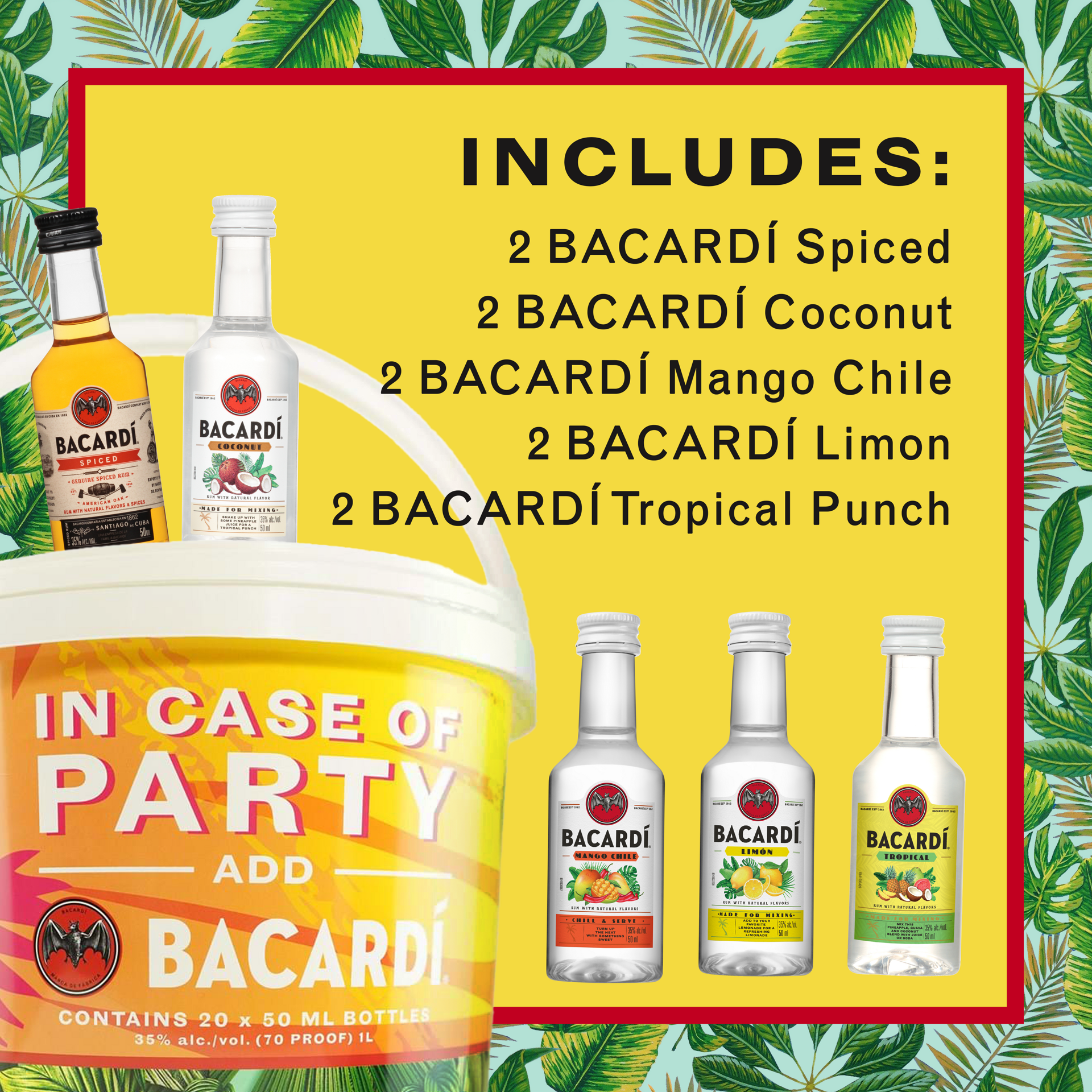 slide 4 of 5, Bacardi Party Bucket With Bacardi Coconut, Mango Chile, Limon, Tropical And Spiced Rum, 20 X 50 Ml Bottles, 50 ml