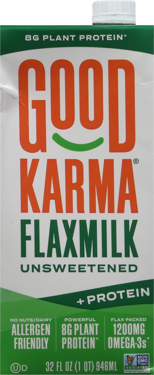 slide 7 of 9, Good Karma Unsweetened +Protein Flaxmilk 32 fl oz, 32 fl oz