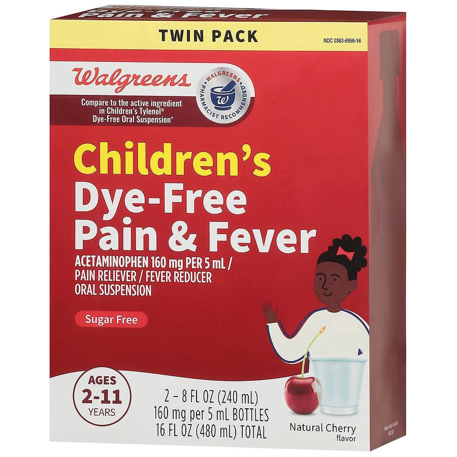 slide 5 of 5, Walgreens Children's Dye-Free Pain & Fever Cherry, 8 fl oz x 2 ct