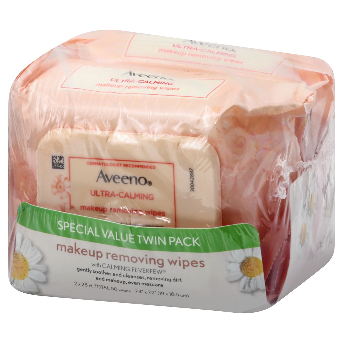 slide 3 of 9, Aveeno Ultra-Calming Makeup Removing Facial Cleansing Wipes with Calming Feverfew Extract, Oil-Free Soothing Face Wipes for Sensitive Skin, Gentle & Non-Comedogenic, Twin Pack, 2 x 25 ct, 50 ct