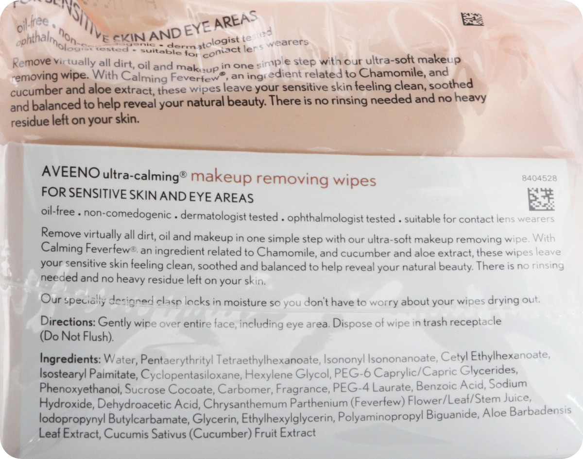 slide 5 of 9, Aveeno Ultra-Calming Makeup Removing Facial Cleansing Wipes with Calming Feverfew Extract, Oil-Free Soothing Face Wipes for Sensitive Skin, Gentle & Non-Comedogenic, Twin Pack, 2 x 25 ct, 50 ct