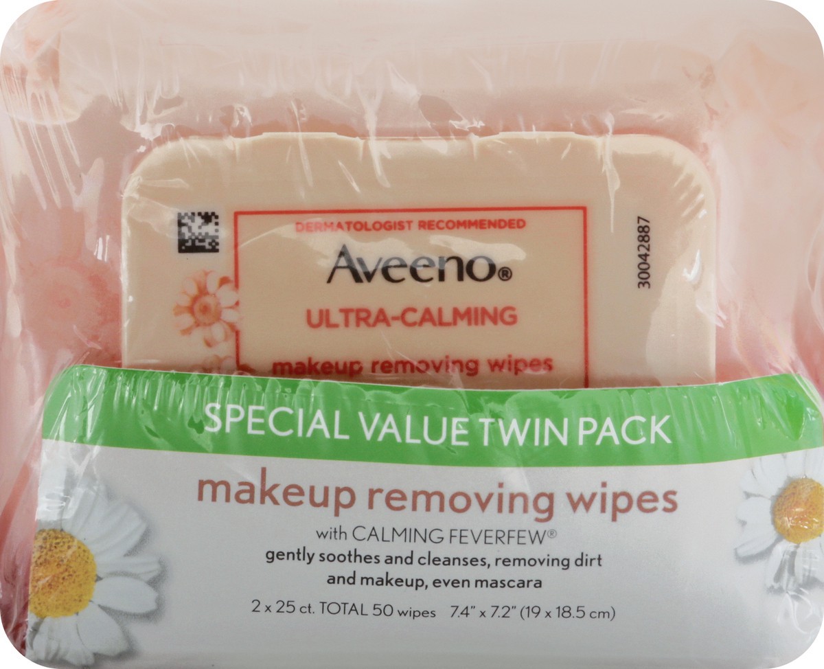 slide 6 of 9, Aveeno Ultra-Calming Makeup Removing Facial Cleansing Wipes with Calming Feverfew Extract, Oil-Free Soothing Face Wipes for Sensitive Skin, Gentle & Non-Comedogenic, Twin Pack, 2 x 25 ct, 50 ct