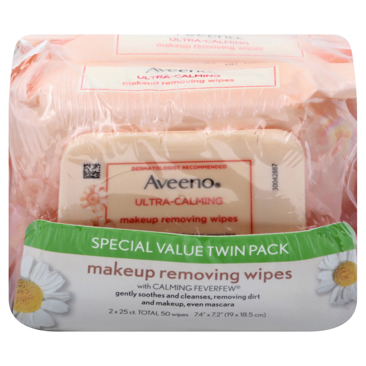 slide 1 of 9, Aveeno Ultra-Calming Makeup Removing Facial Cleansing Wipes with Calming Feverfew Extract, Oil-Free Soothing Face Wipes for Sensitive Skin, Gentle & Non-Comedogenic, Twin Pack, 2 x 25 ct, 50 ct