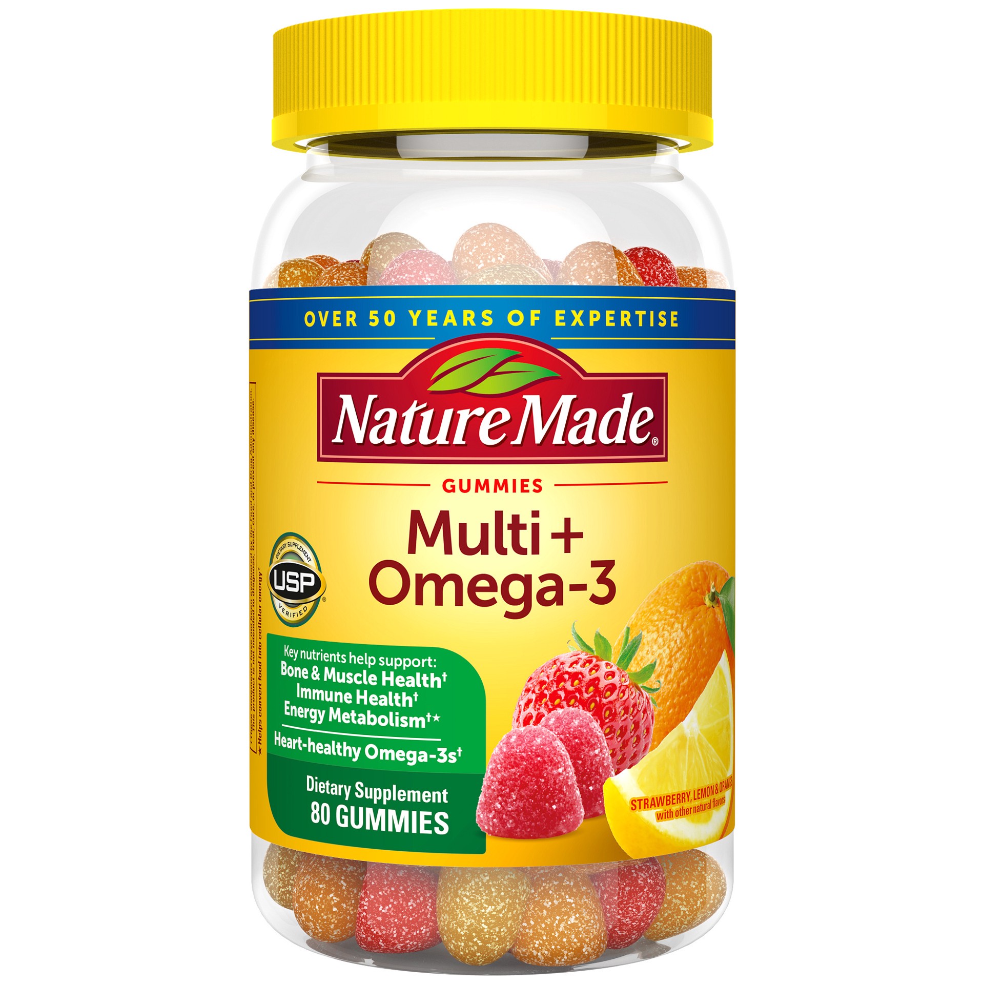 slide 1 of 1, Nature Made Multivitamin + Omega-3, Dietary Supplement for Daily Nutritional Support, 80 Gummy Vitamins and Minerals, 40 Day Supply, 80 ct