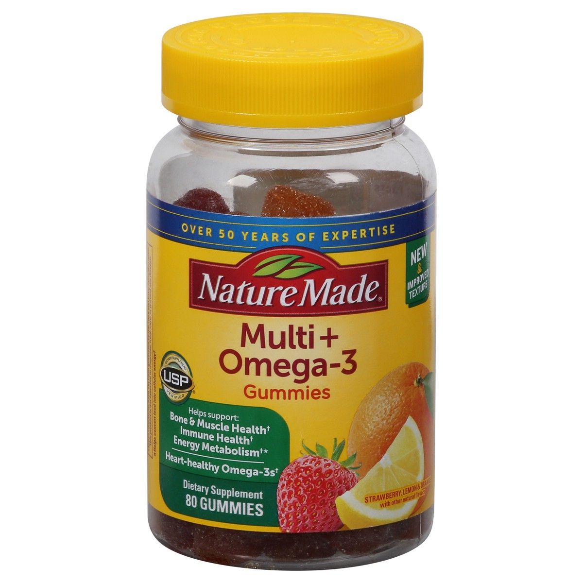slide 1 of 1, Nature Made Multivitamin + Omega-3, Dietary Supplement for Daily Nutritional Support, 80 Gummy Vitamins and Minerals, 40 Day Supply, 80 ct