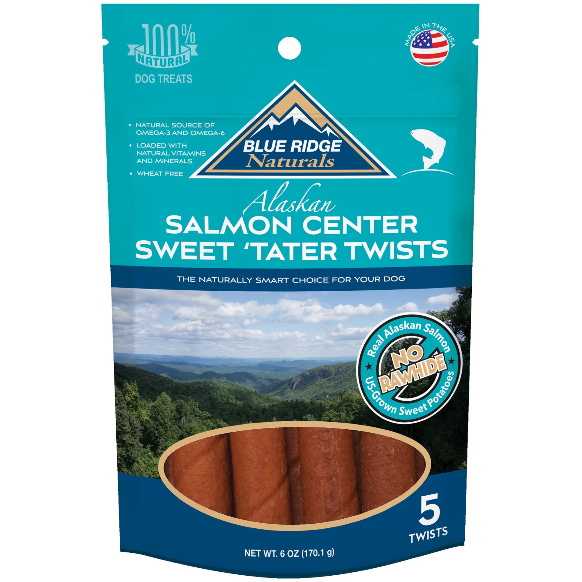 slide 1 of 1, Blue Ridge Naturals Salmon Center Sweet Tater Twist Dog Treats, 6 oz