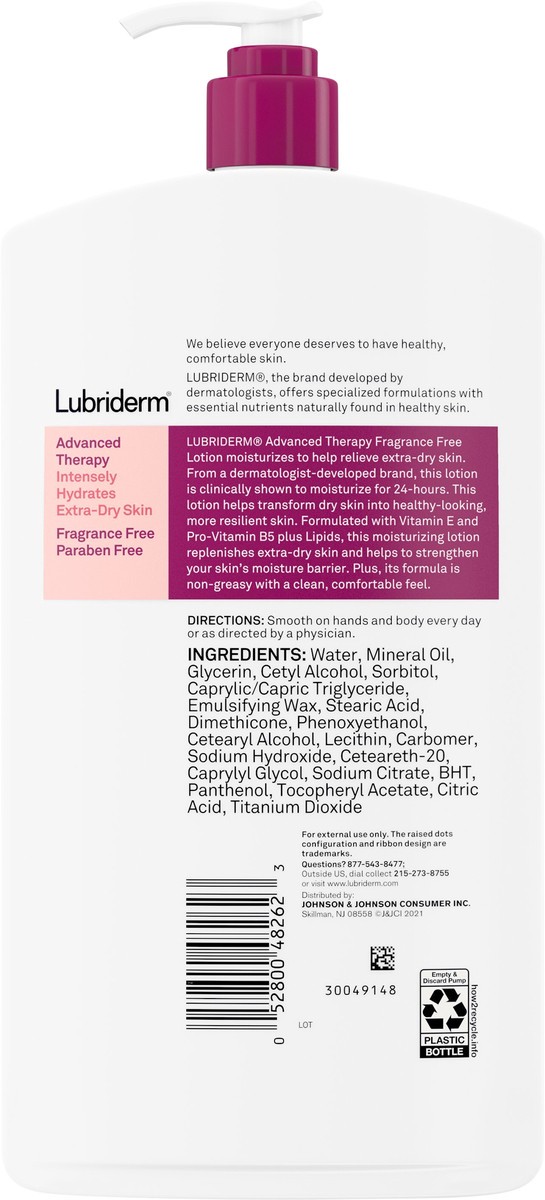 slide 5 of 7, Lubriderm Advanced Therapy Fragrance Free Moisturizing Hand & Body Lotion + Pro-Ceramide with Vitamins E & Pro-Vitamin B5, Intense Hydration for Itchy, Extra Dry Skin, Non-Greasy, 24 Fl. Oz, 24 fl oz