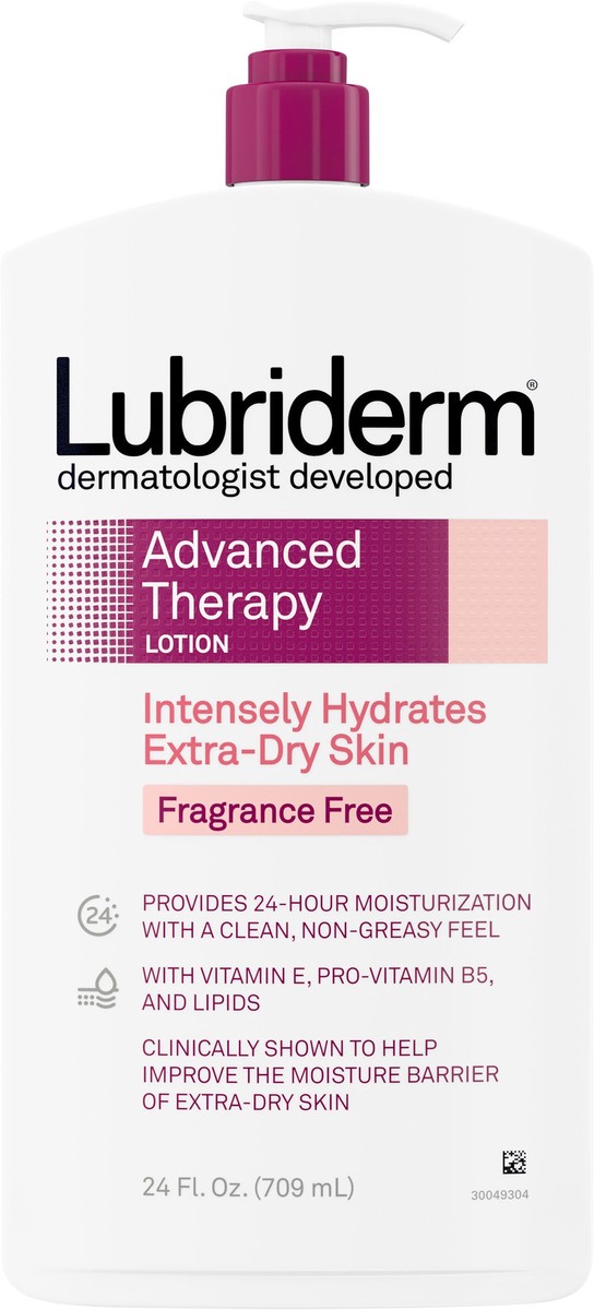 slide 2 of 7, Lubriderm Advanced Therapy Fragrance Free Moisturizing Hand & Body Lotion + Pro-Ceramide with Vitamins E & Pro-Vitamin B5, Intense Hydration for Itchy, Extra Dry Skin, Non-Greasy, 24 Fl. Oz, 24 fl oz