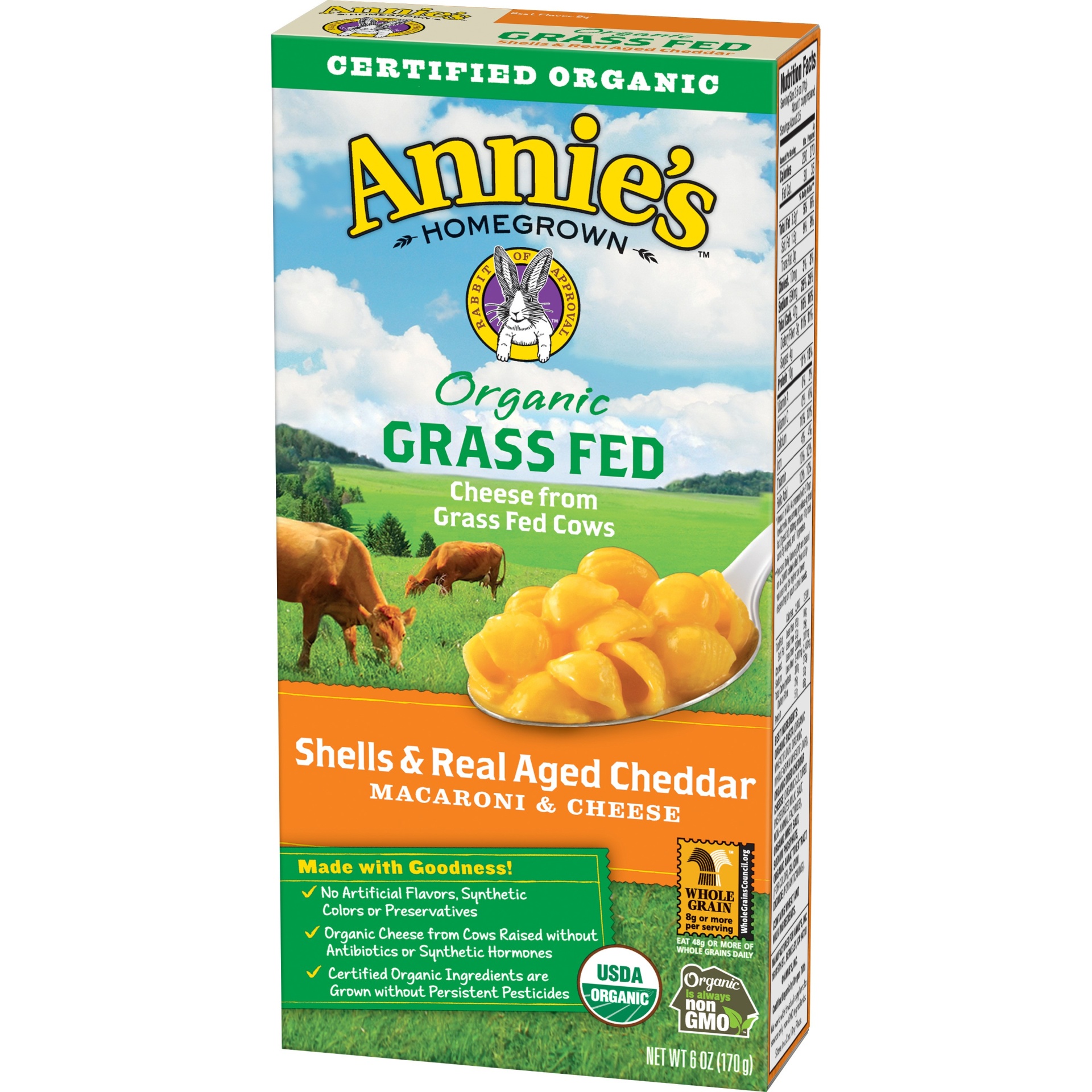 slide 1 of 1, Annie's Homegrown Mac N Cheese Grass Fed Shells Aged Cheddar Organic, 6 oz