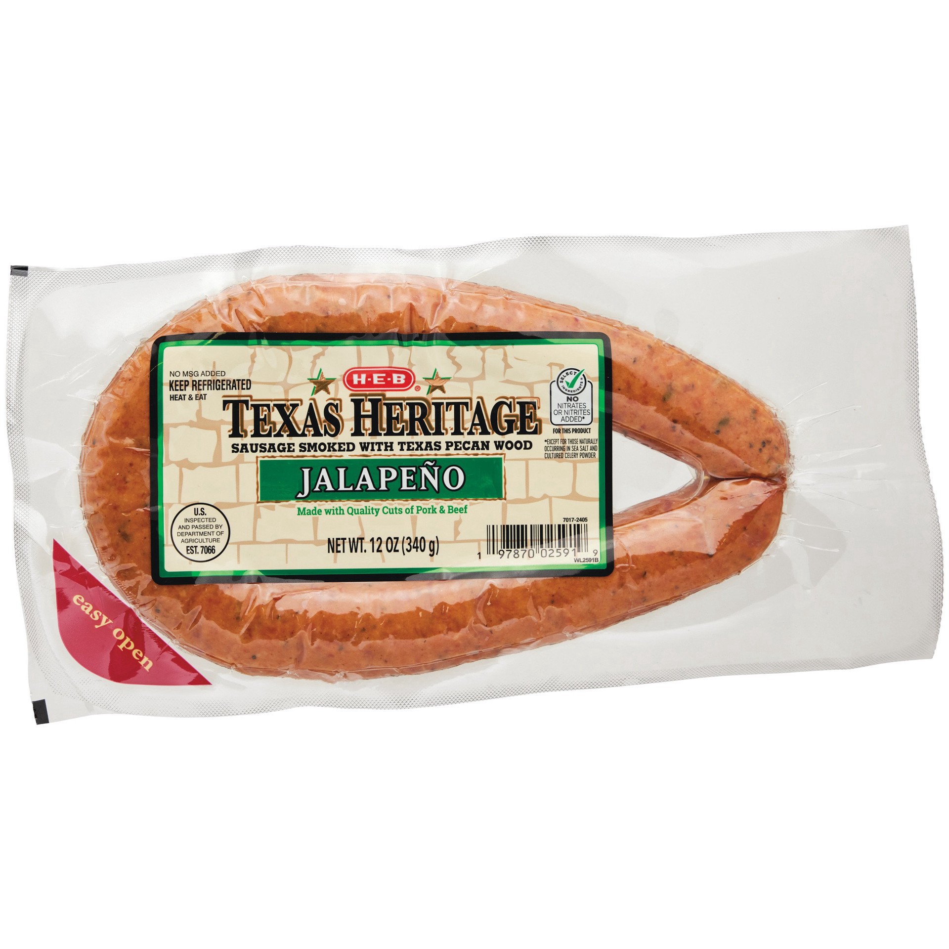 slide 1 of 1, H-E-B Texas Heritage Pork & Beef Smoked Sausage - Jalapeño, 12 oz