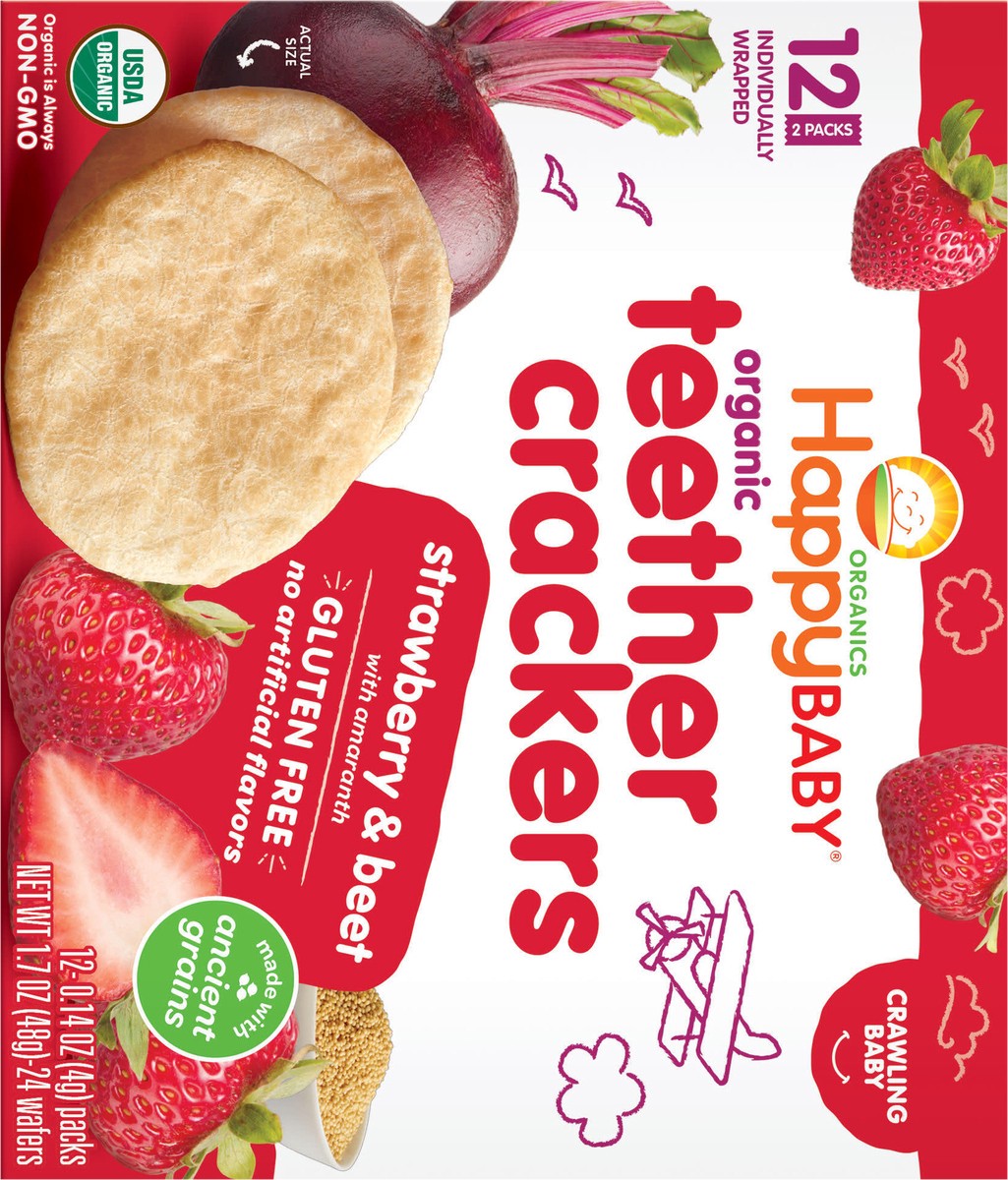 slide 3 of 3, Happy Baby Organic Teether Crackers, Easily Dissolving Baby Snack, Strawberry & Beet – 12ct/0.14oz Each, 12 ct