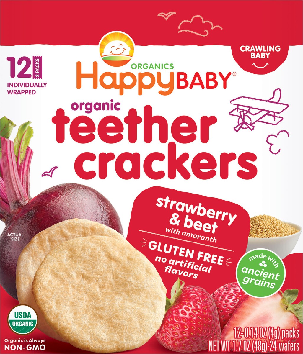 slide 2 of 3, Happy Baby Organic Teether Crackers, Easily Dissolving Baby Snack, Strawberry & Beet – 12ct/0.14oz Each, 12 ct