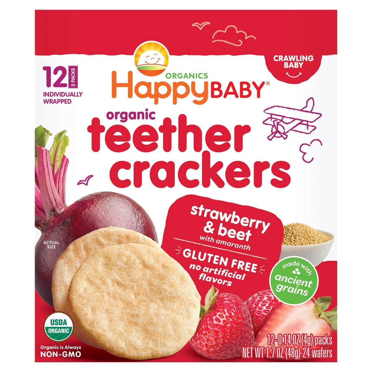 slide 1 of 3, Happy Baby Organic Teether Crackers, Easily Dissolving Baby Snack, Strawberry & Beet – 12ct/0.14oz Each, 12 ct