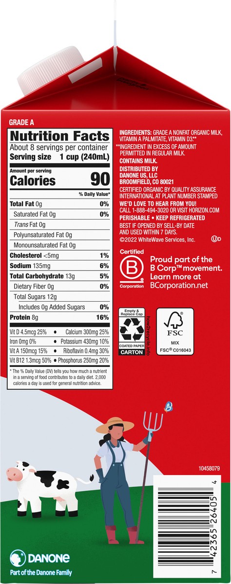 slide 12 of 15, Horizon Organic High Vitamin D Nonfat Milk, High Vitamin D Milk, 64 FL OZ Half Gallon Carton, 64 fl oz