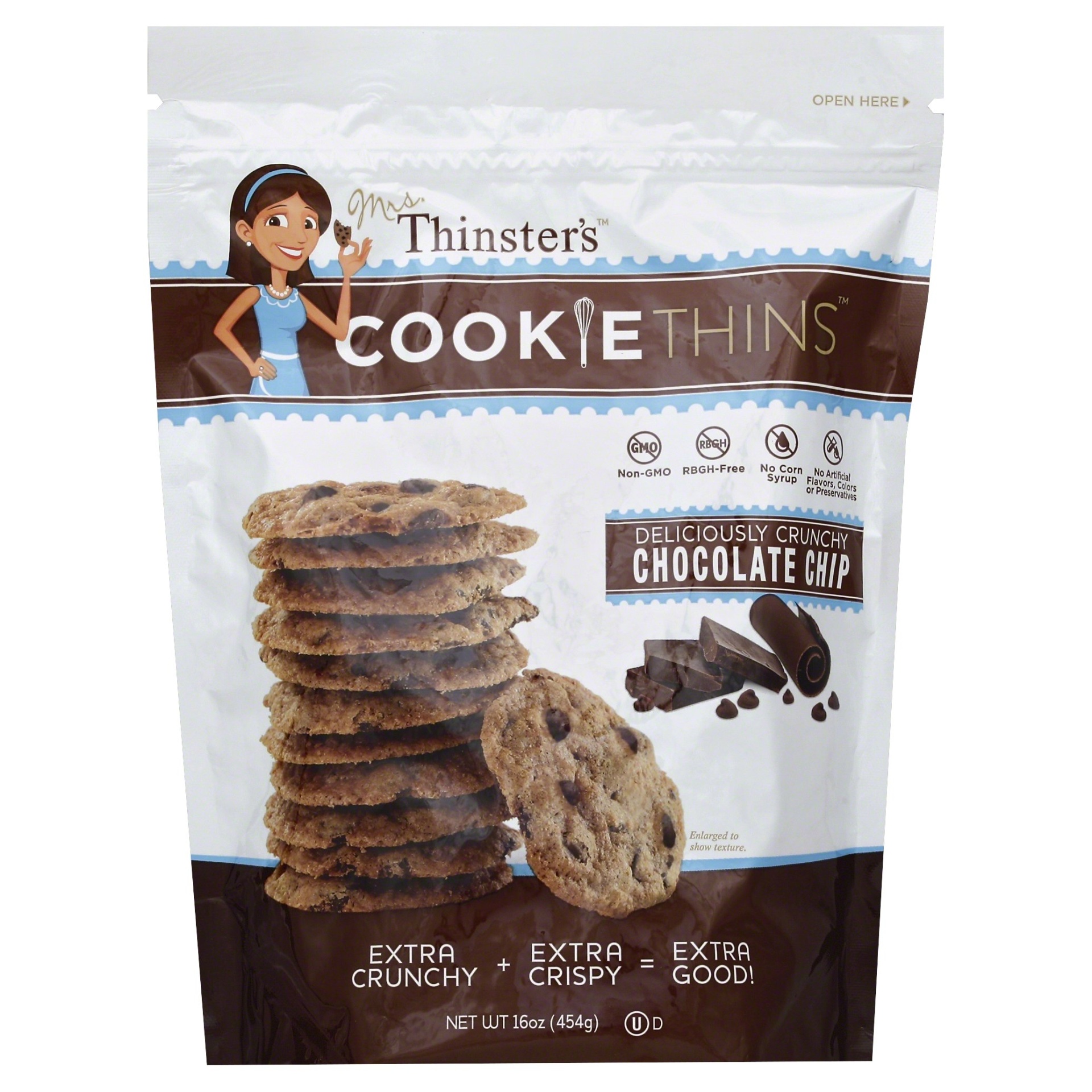 slide 1 of 1, Mrs. Thinster's Cookie Thins Chocolate Chip, 16 oz