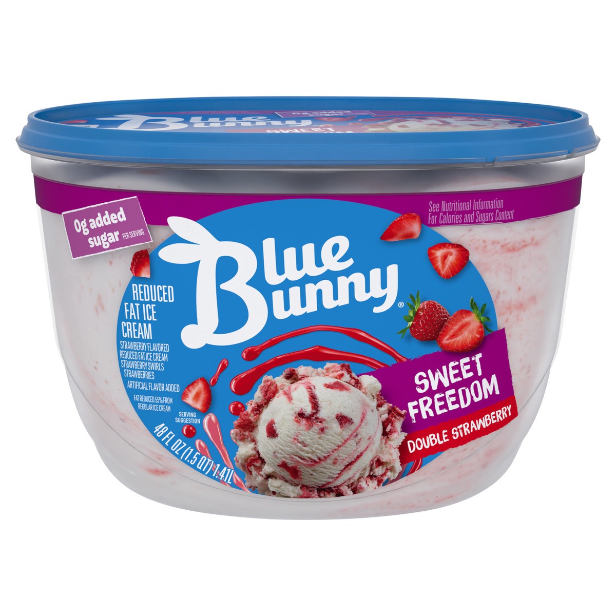 slide 1 of 8, Blue Bunny Sweet Freedom Double Strawberry Swirl Reduced Fat Ice Cream, 48 fl oz, 48 fl oz