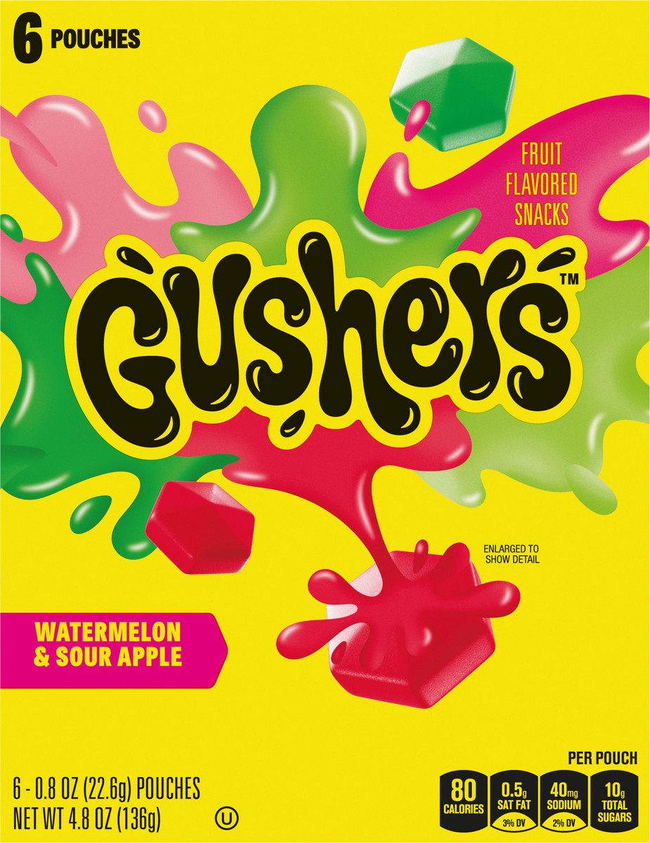 slide 11 of 13, Fruit Gushers Watermelon Sour Apple Fruit Flavored Snacks, 6 CT, 6 ct