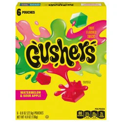 Fruit Gushers Fruit Flavored Kids Snacks, Watermelon and Sour Apple Flavor, 6 Pouches, 4.8 oz