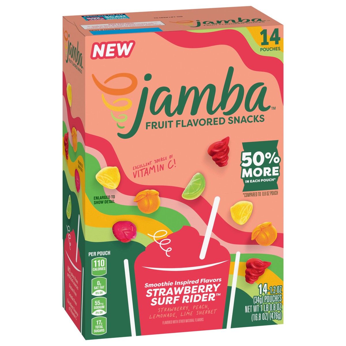 slide 9 of 13, Jamba Fruit Flavored Snacks, Strawberry Surf Rider, Smoothie Inspired Flavors, Gluten Free Snack, 16.8 oz (14 Pouches), 14 ct
