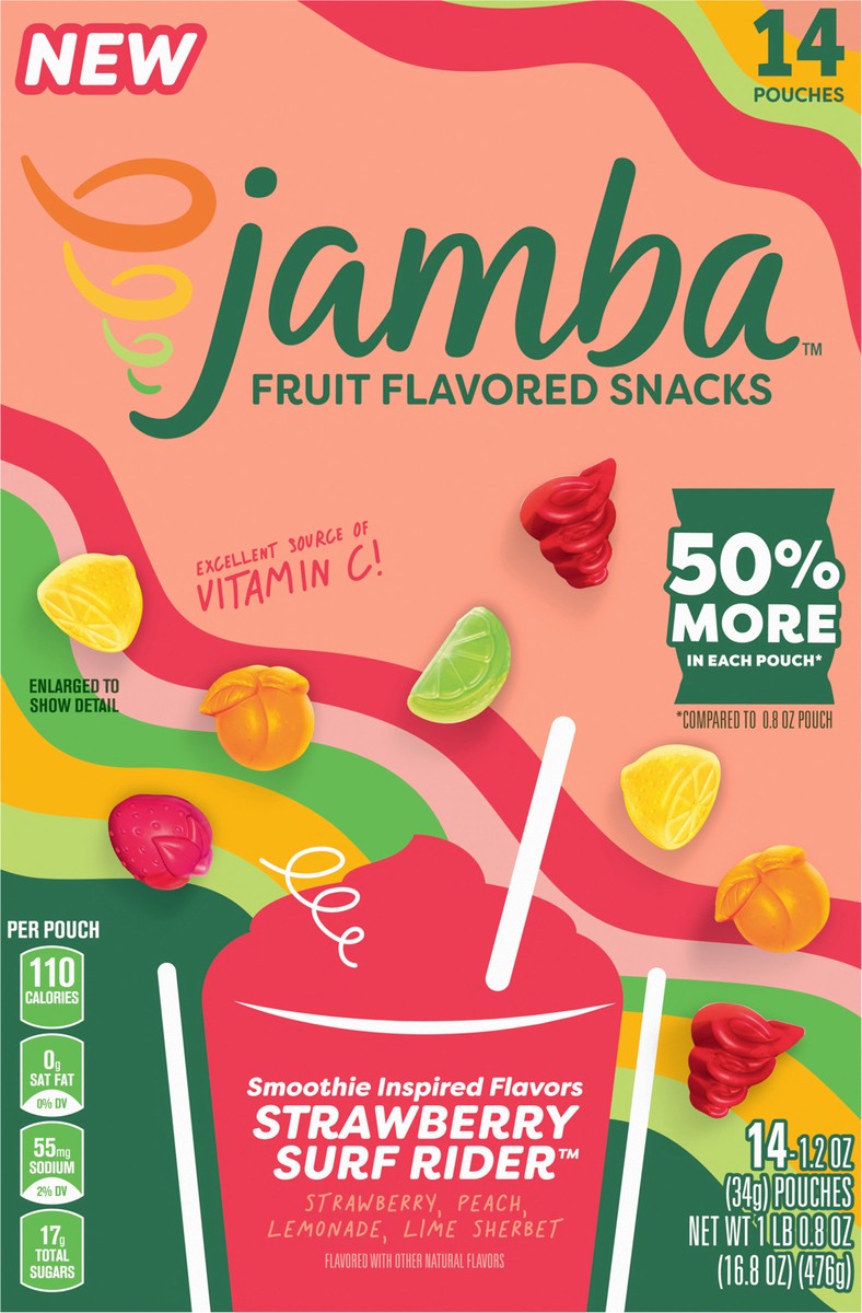slide 2 of 13, Jamba Fruit Flavored Snacks, Strawberry Surf Rider, Smoothie Inspired Flavors, Gluten Free Snack, 16.8 oz (14 Pouches), 14 ct