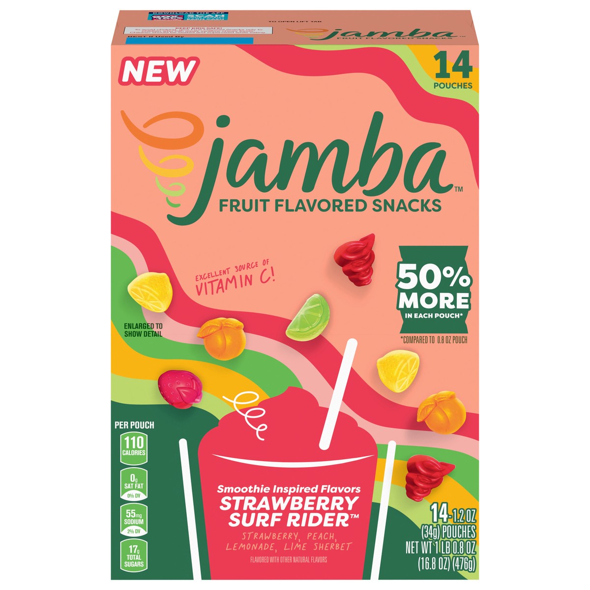 slide 10 of 13, Jamba Fruit Flavored Snacks, Strawberry Surf Rider, Smoothie Inspired Flavors, Gluten Free Snack, 16.8 oz (14 Pouches), 14 ct