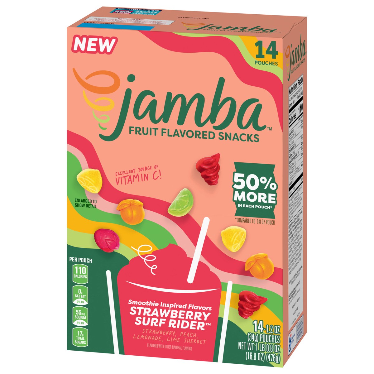 slide 13 of 13, Jamba Fruit Flavored Snacks, Strawberry Surf Rider, Smoothie Inspired Flavors, Gluten Free Snack, 16.8 oz (14 Pouches), 14 ct