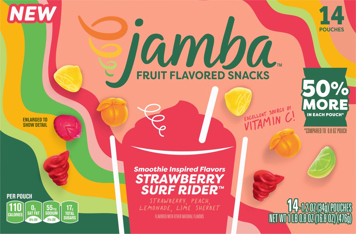 slide 11 of 13, Jamba Fruit Flavored Snacks, Strawberry Surf Rider, Smoothie Inspired Flavors, Gluten Free Snack, 16.8 oz (14 Pouches), 14 ct