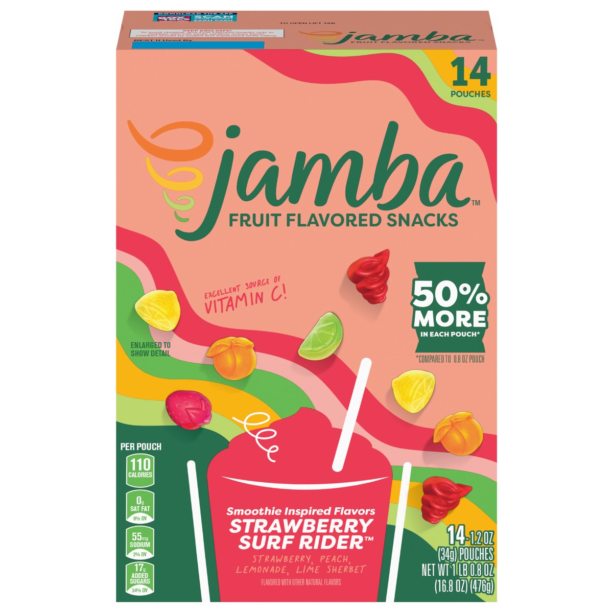 slide 1 of 13, Jamba Fruit Flavored Snacks, Strawberry Surf Rider, Smoothie Inspired Flavors, Gluten Free Snack, 16.8 oz (14 Pouches), 14 ct