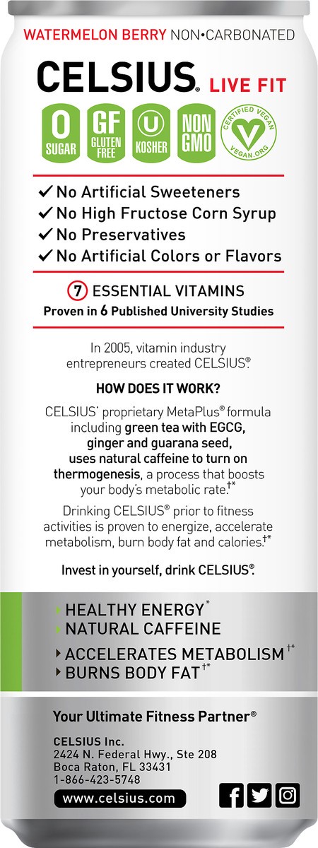 slide 2 of 5, CELSIUS Stevia Watermelon Berry, Functional, Essential Energy Drink 12 Fl Oz Single Can, 12 oz