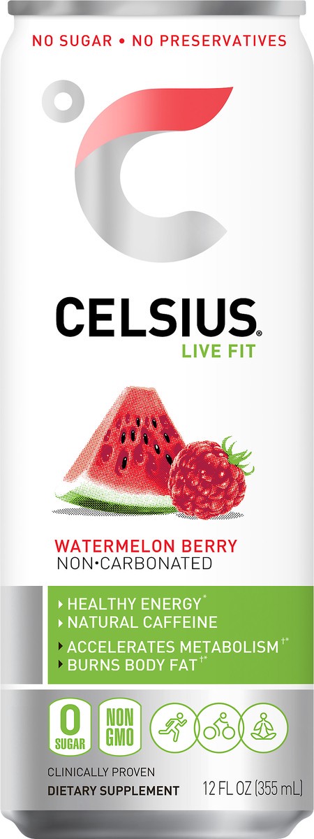 slide 4 of 5, CELSIUS Stevia Watermelon Berry, Functional, Essential Energy Drink 12 Fl Oz Single Can, 12 oz