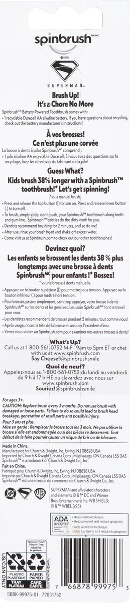 slide 5 of 11, Spinbrush Superman Battery Powered Electric Toothbrush for Children Ages 3+ with AA Battery, Soft Head Bristles, 1 ct