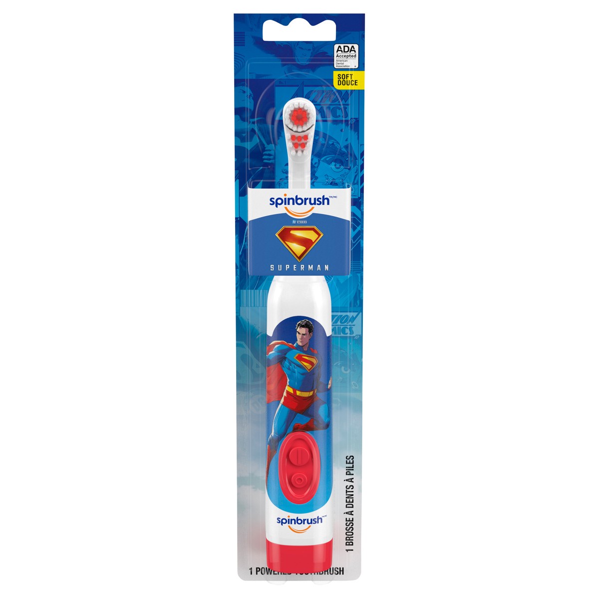 slide 1 of 11, Spinbrush Superman Battery Powered Electric Toothbrush for Children Ages 3+ with AA Battery, Soft Head Bristles, 1 ct
