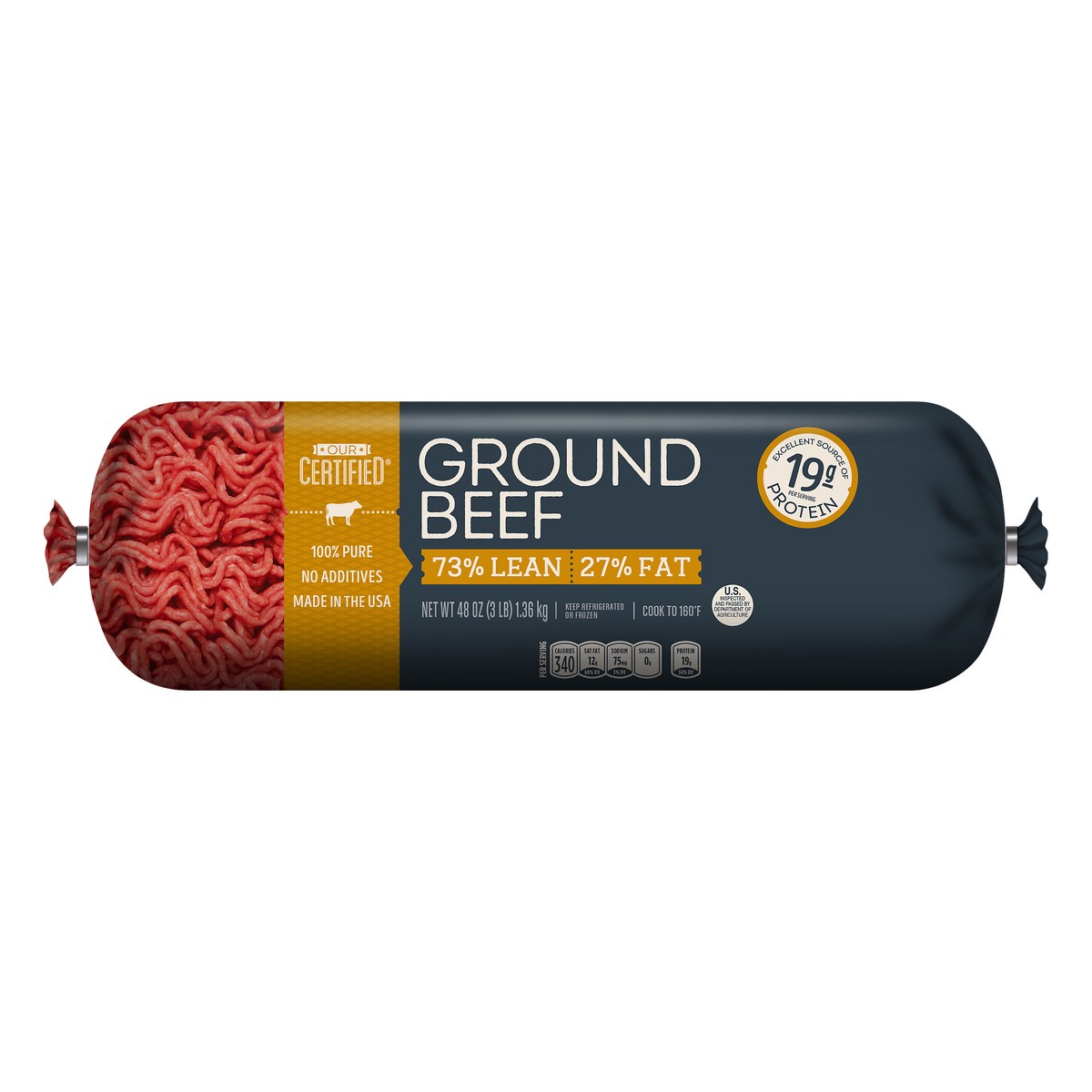 slide 1 of 7, Our Certified 73% Lean/27% Fat Ground Beef 48 oz, 48 oz