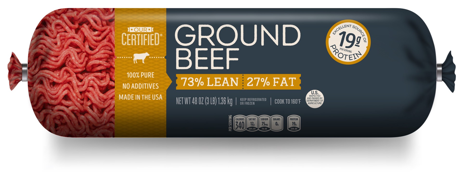 slide 1 of 7, Our Certified  73% Lean / 27% Fat, Ground Beef Roll, 3 lb., 3 lb