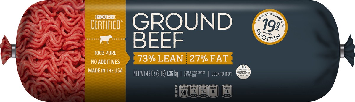 slide 1 of 7, Our Certified 73% Lean/27% Fat Ground Beef 48 oz, 48 oz