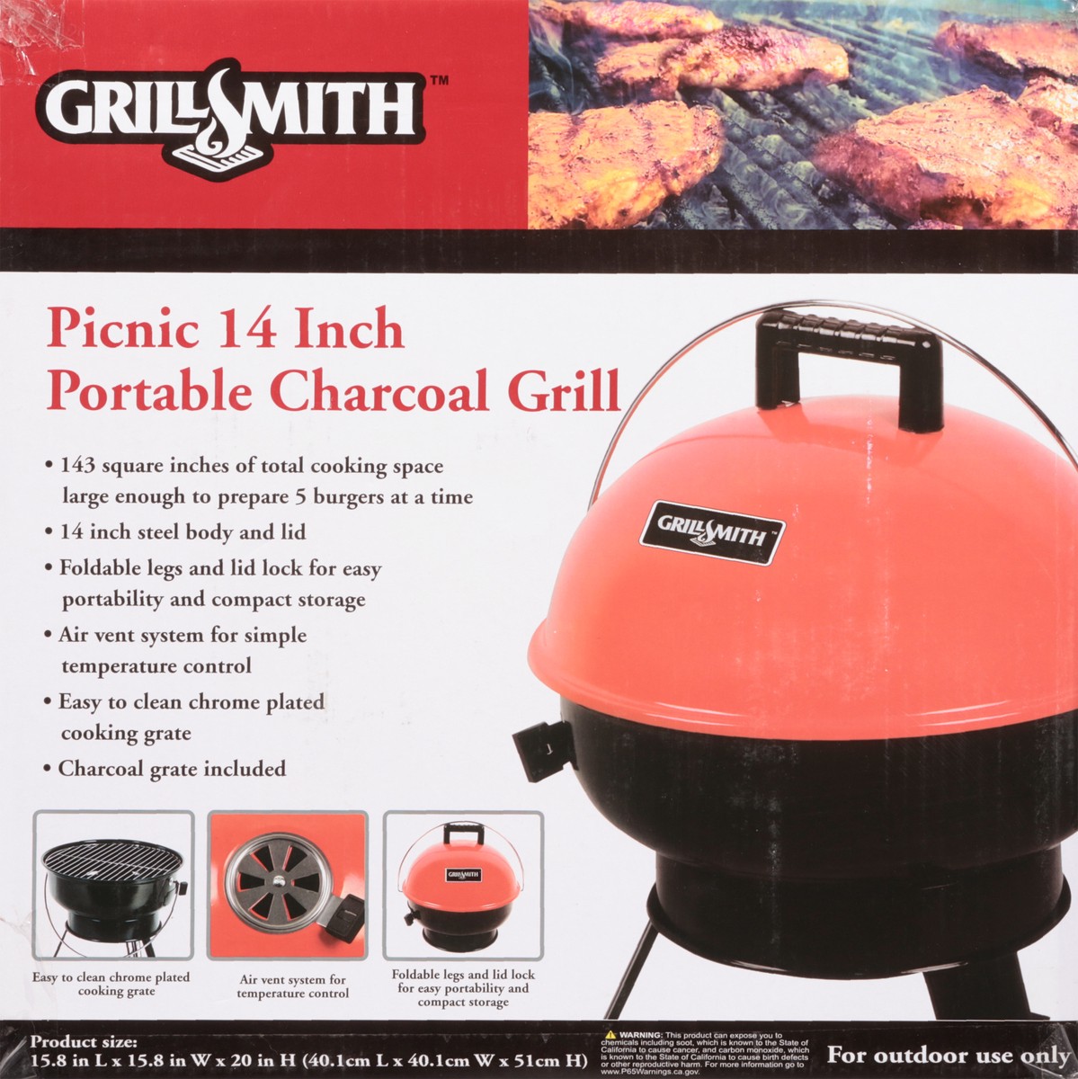 slide 9 of 12, Grillsmith Portable Picnic 14 Inch Charcoal Grill 1 ea, 1 ct