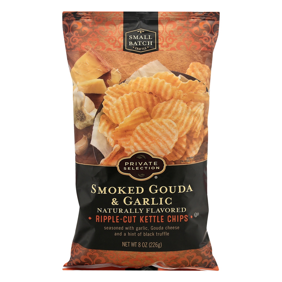 slide 1 of 1, Private Selection Smoked Gouda & Garlic Ripple-Cut Kettle Chips, 8 oz