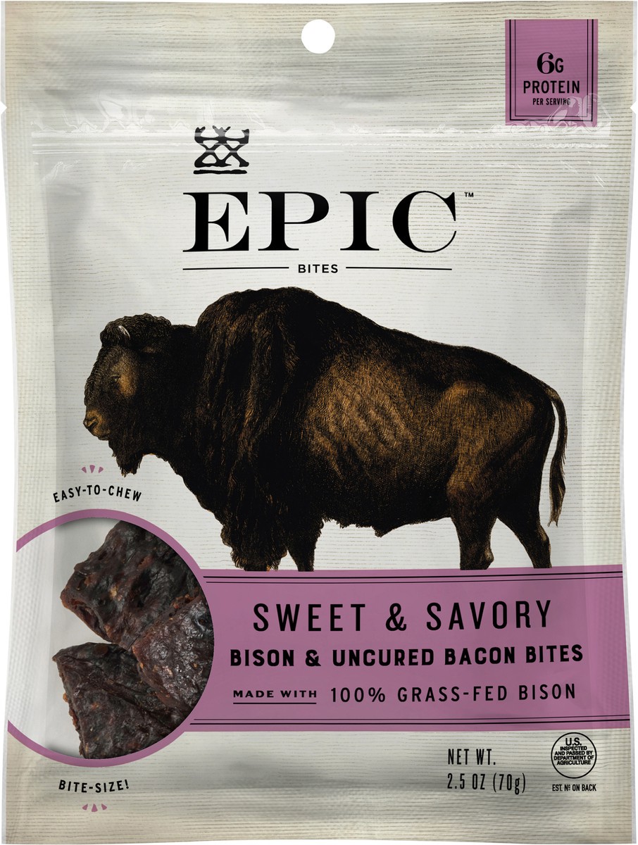 slide 7 of 9, Epic Sweet & Savory Bison & Uncured Bacon Jerky Bites, 2.5 oz