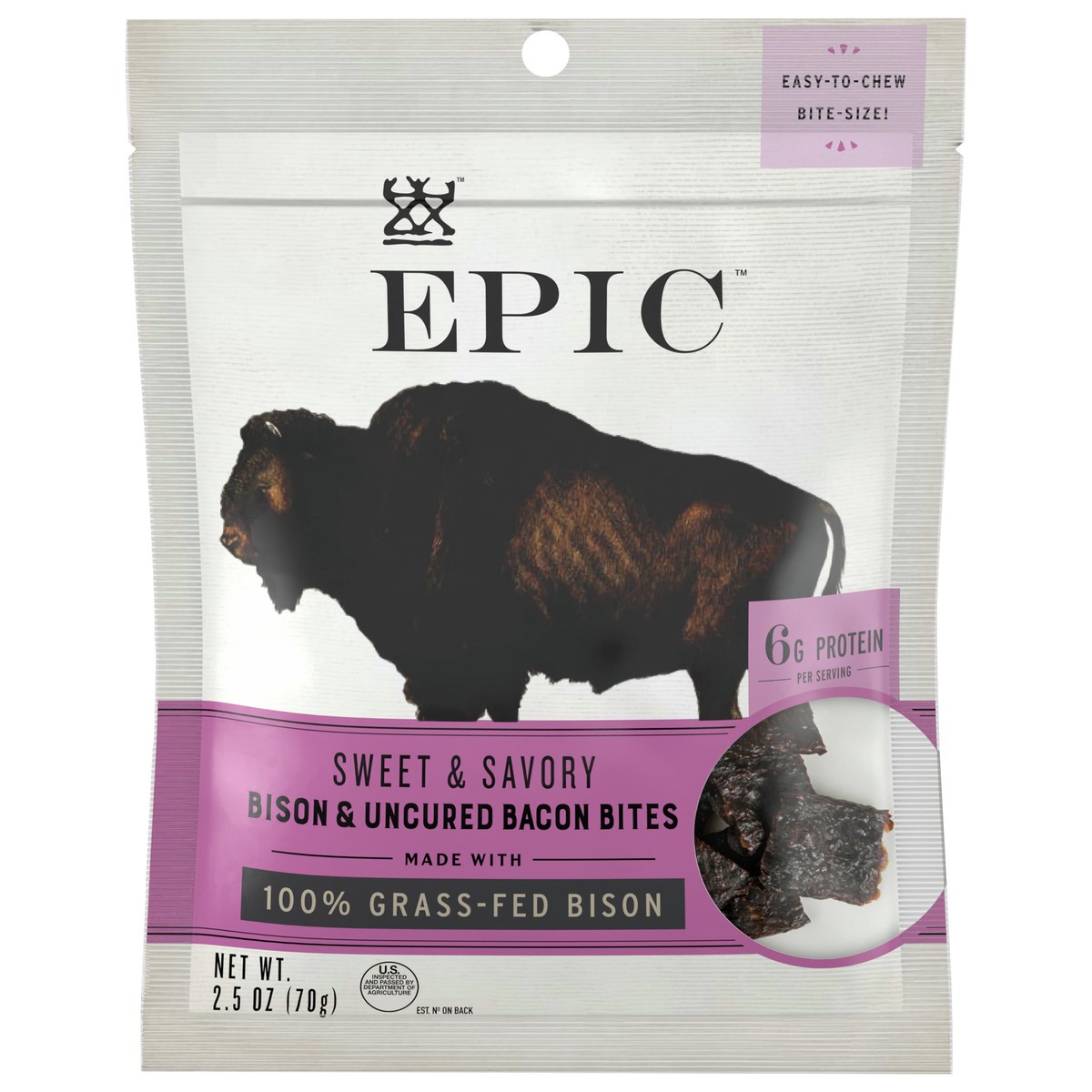 slide 1 of 9, Epic Sweet & Savory Bison & Uncured Bacon Jerky Bites, 2.5 oz