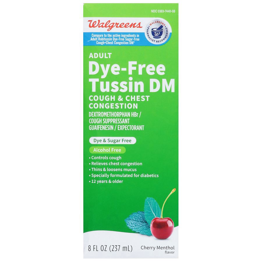 slide 1 of 3, Walgreens Adult Dye-Free Tussin DM Cough & Chest Congestion Liquid Cherry Menthol, 8 fl oz