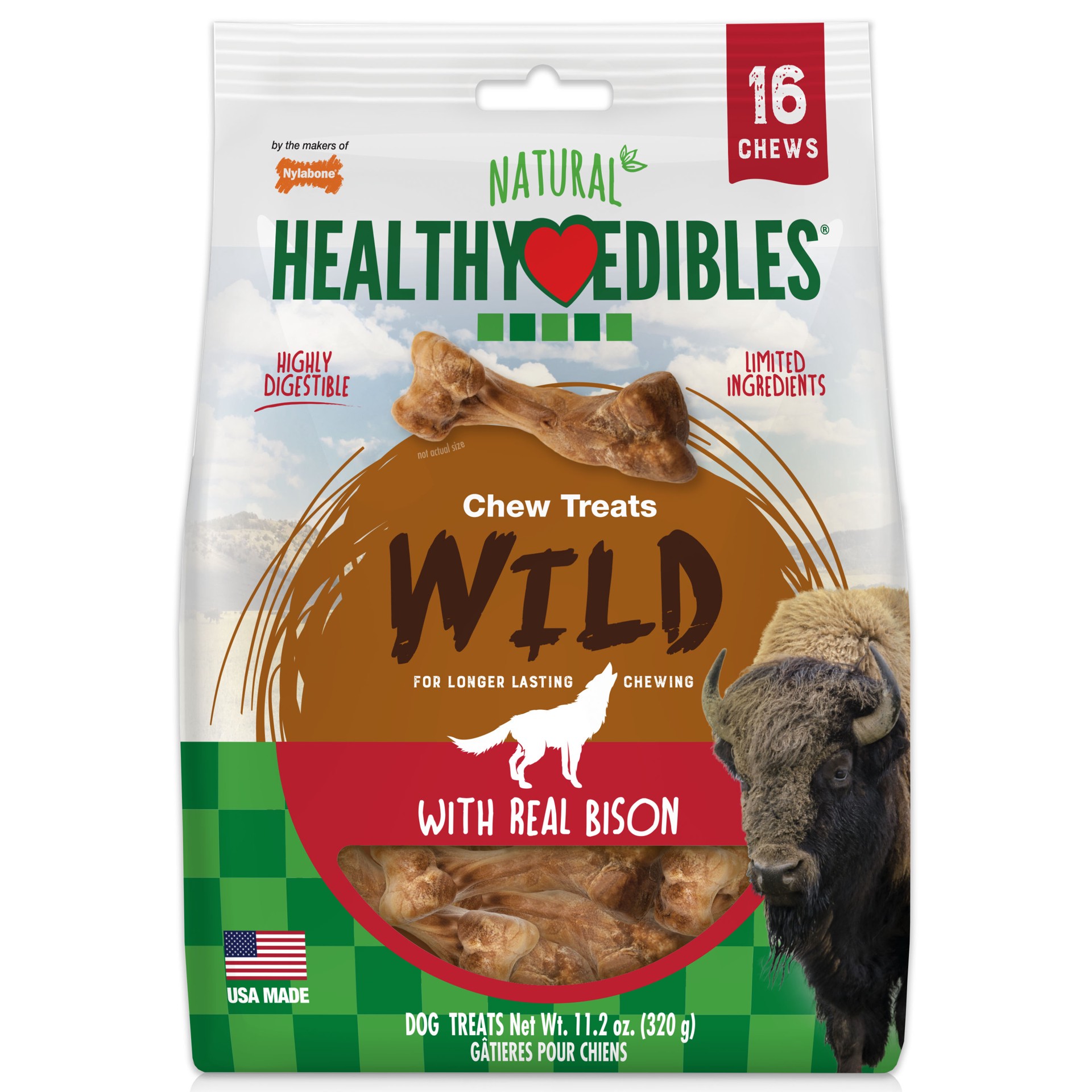 slide 1 of 10, Nylabone Healthy Edibles WILD Natural Long Lasting Bison Dog Chew Treats Small/Regular - Up to 25 Ibs.(16 Count), 11.2 oz