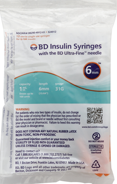 slide 1 of 1, Bd Insulin Syringes 6mm, 10 ct