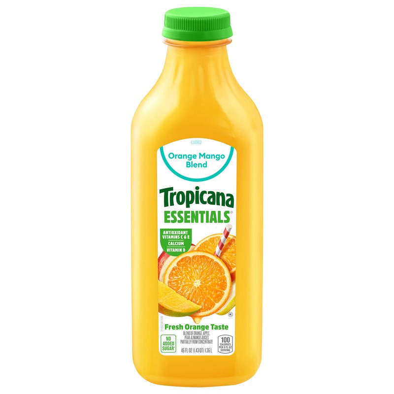 slide 1 of 1, Tropicana Essentials Flavored Orange Mango Juice Beverage Blend With Other Fruit, No Pulp, 46 fl oz Bottle, 46 fl oz