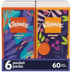 Kleenex On-the-Go Facial Tissues, Tissues Travel Size, 6 Packs, 10 Tissues per Box, 3-Ply (60 Total Tissues)