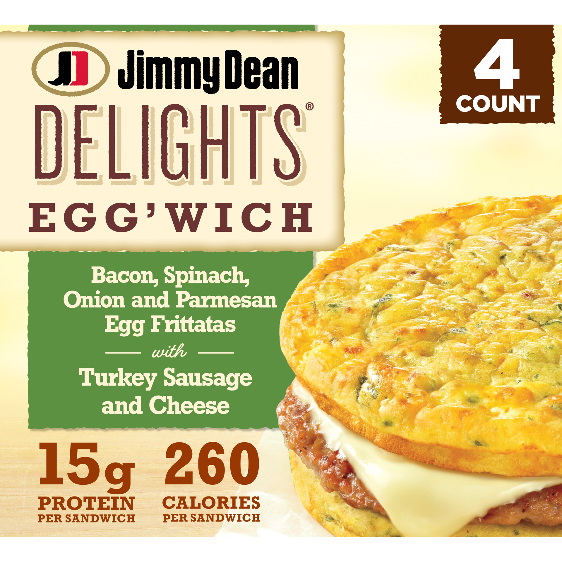 slide 1 of 8, Jimmy Dean Delights Egg''wich Breakfast Sandwiches with Bacon, Spinach, Caramelized Onions, and Parmesan Egg Frittatas with Turkey Sausage and Cheese, Breadless, Frozen, 4 Count, 464.93 g