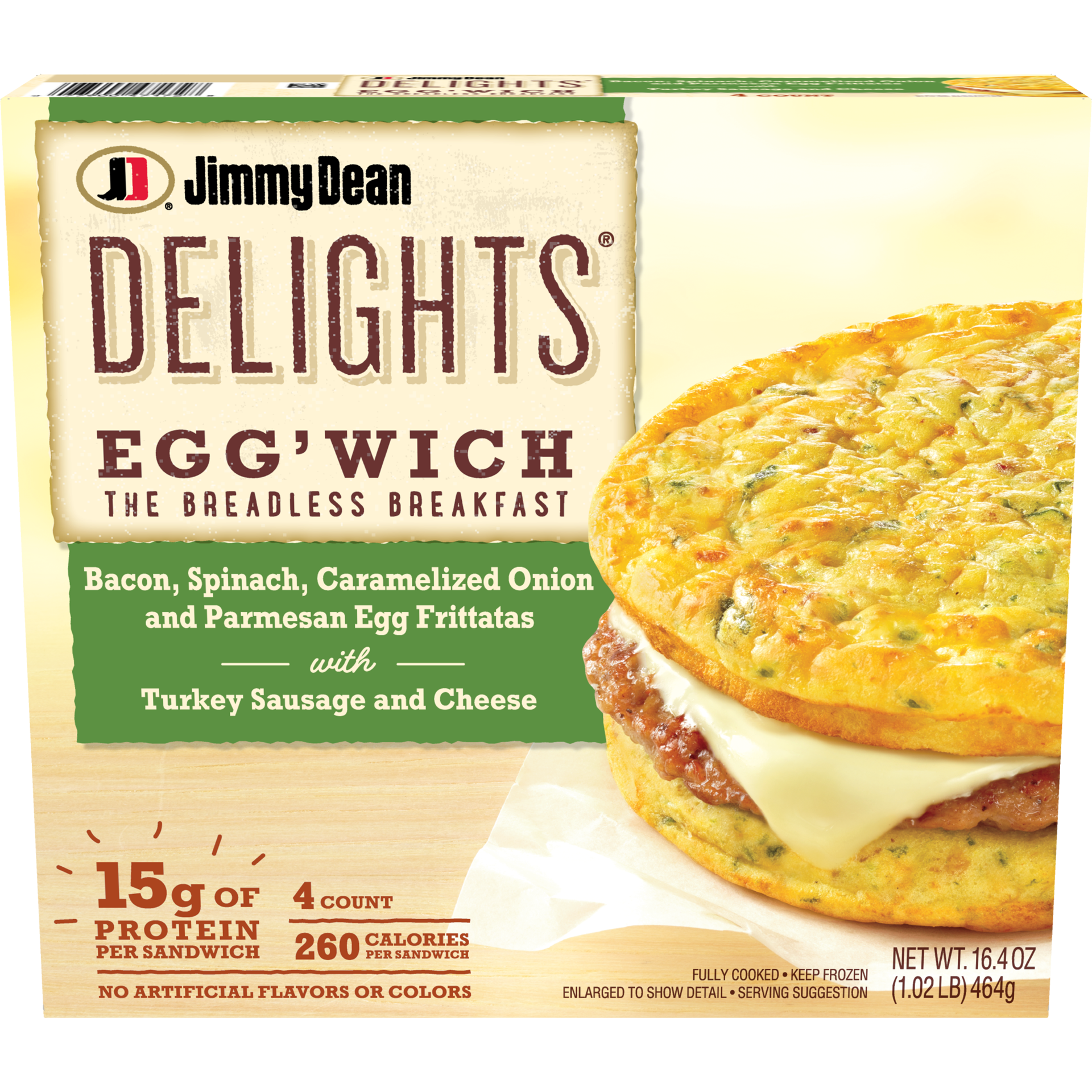 slide 1 of 8, Jimmy Dean Delights Egg''wich Breakfast Sandwiches with Bacon, Spinach, Caramelized Onions, and Parmesan Egg Frittatas with Turkey Sausage and Cheese, Breadless, Frozen, 4 Count, 464.93 g